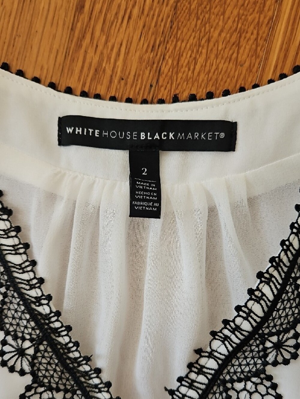 White House Black Market White Blouse with Black Lace Trim - Picture 2 of 3
